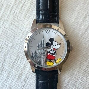 Disney Parks Mickey Mouse Silver Watch with Black Leather Strap